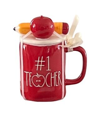 🆕- Rae Dunn- #1 Teacher with Pencil and Apple Topper Ceramic Mug